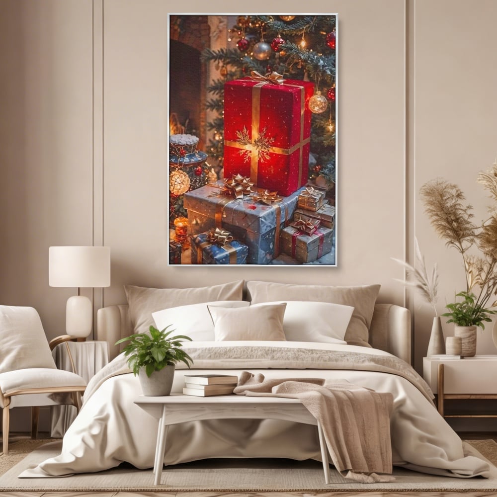 Tablou canvas cu tablou canvas cu cadouri sub brad, in rama de aluminiu argintiu, pe perete intr-un dormitor